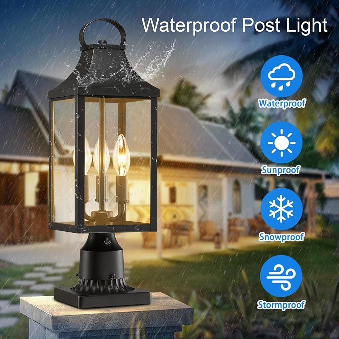 18.62'' Dusk to Dawn Post Light Outdoor, Large 3-Light Lamp Post Light | Modern Pillar Outside Lighting Waterproof Post Lantern Lamp Outdoor Post Light Fixtures Pole Lights for Porch, Black