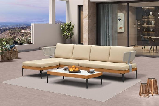 PURPLE LEAF Patio Furniture Set Outdoor Sectional Sofa with Fade-Resistant Cushions Coffee Table Wicker L-Shaped 6 Pieces Aluminum Conversation Sets with Ottoman for Balcony Yard Poolside, Khaki