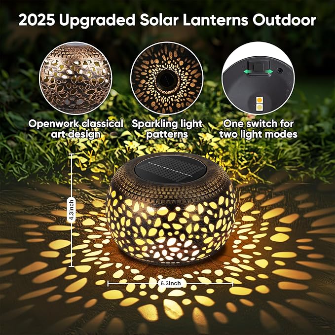 Outdoor Solar Lanterns Patio Decor: 4 Pack Bronze Waterproof Solar Lights | Hollow Out Retro Metal Garden Lantern, Warm White & Cool White, Tabletop Balcony Yard, Birthday Gifts for Mom & Garden Lovers