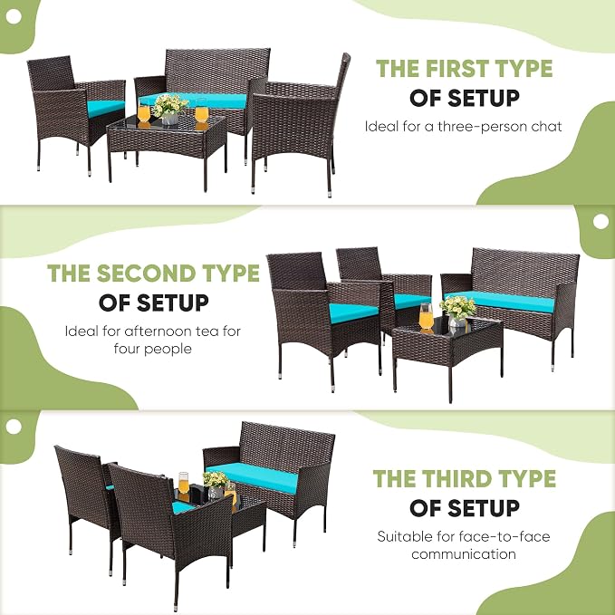 Greesum Patio Furniture 4 Pieces Conversation Sets Outdoor Wicker Rattan Chairs Garden Backyard Balcony Porch Poolside loveseat with Cushion and Glass Table, Brown and Blue