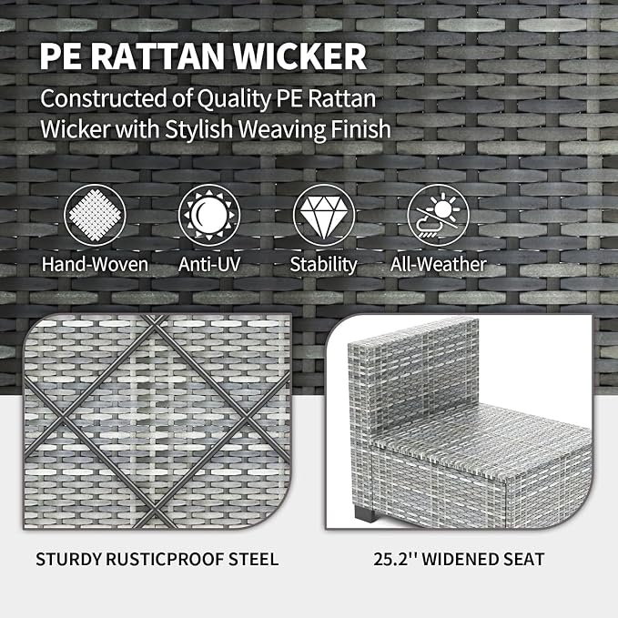 7 Piece Patio Furniture Set, All-Weather PE Wicker Sectional Sofa with Tempered Glass Coffee Table - Outdoor Conversation Set for Poolside, Garden, Porch in Grey + Light Grey