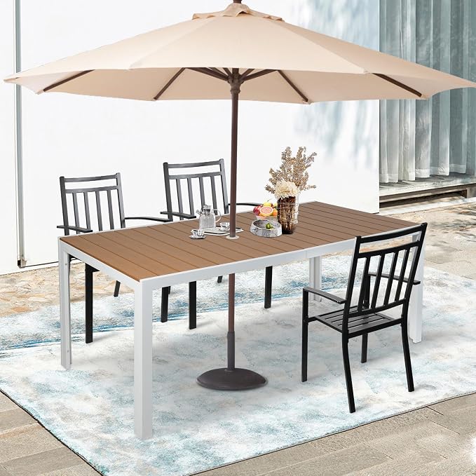 Outdoor Dining Table for 8 Person, 71" Aluminum Patio Dining Table with 1.6" - 2" Adjustable Umbrella Hole, Slat Rectangle Table with Wood Like Table Top for Backyard Garden