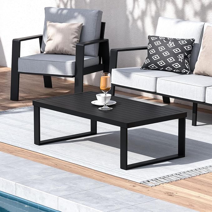 Aluminum Outdoor Patio Coffee Table for Deck, and Poolside (Black, All-Aluminum)