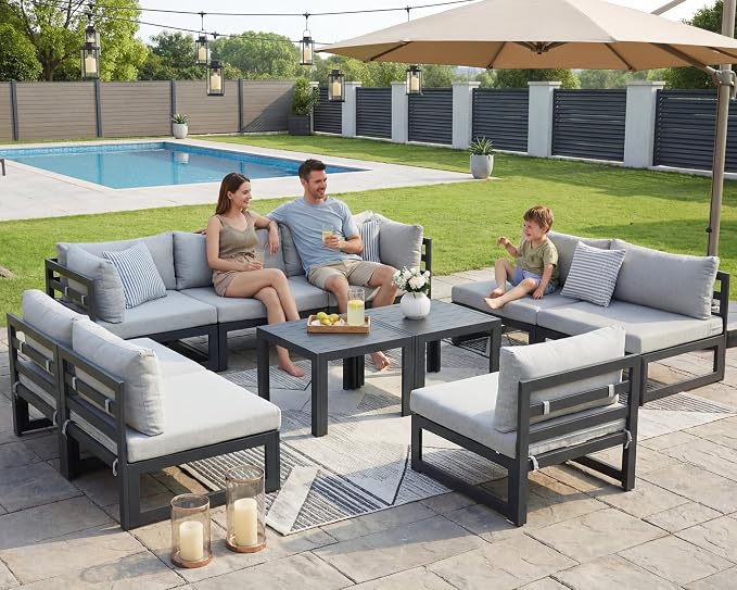 NICESOUL Oversized Modular Aluminum Outdoor Furniture Set, 29" Deep Wide Sectional Seating Set of 10, 500 lbs High Weight Capacity Water Resistant Patio Conversation Set for Garden Deck, Light Gray