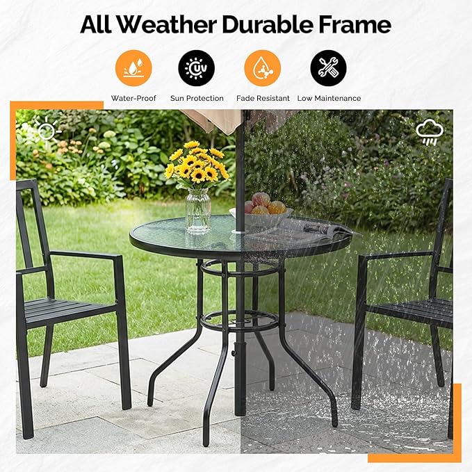 VINGLI Round Patio Table with Umbrella Hole, 32" Outdoor Dining Table Steel Tempered Glass Patio Tables Round Outdoor Tables for Balcony Garden Deck
