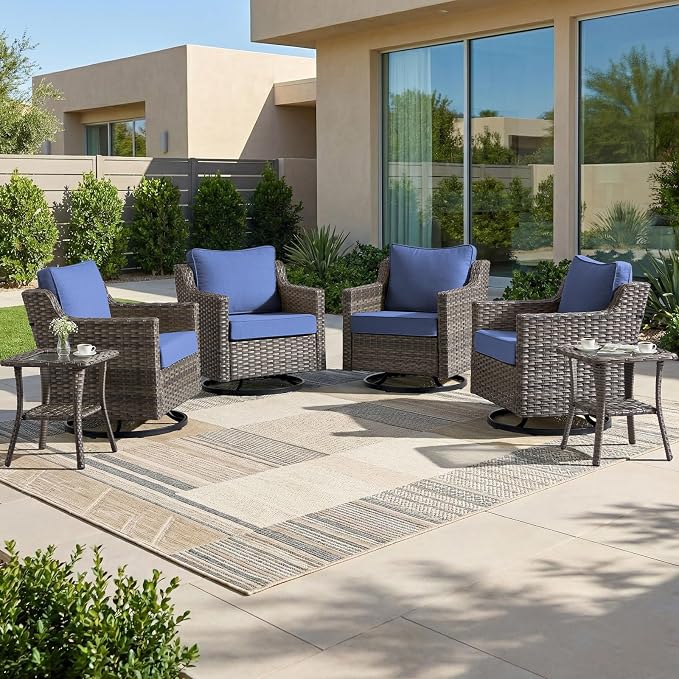 Luxury Patio Furniture Chairs Set - 6 Pieces All Weather Wicker Outdoor Couch and High Back Swivel Rocker Patio Chairs with Side Table for Deck Yard and Poolside Gray Wicker | Blue Cushions
