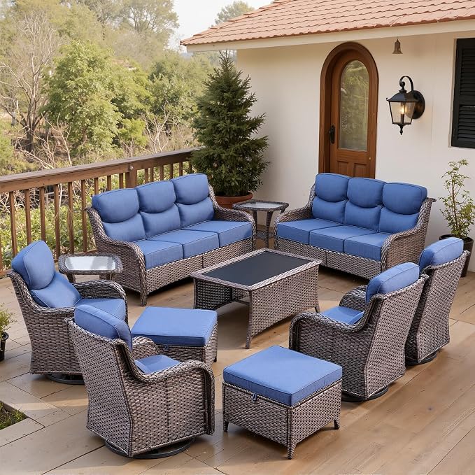Belord Luxury 6" Thick Cushioned 11 Pieces Patio Furniture Set with Outdoor Couch, Wicker Outdoor Conversation Set with High Back Swivel Rocker Chairs for Deck Porch Yard and Poolside - Brown+Blue