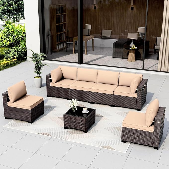 Gotland 7 Pieces Patio Furniture Set with 4’’ Thick Cushions, All-Weather PE Rattan Patio Set with 29.5'' High Backrest, Outdoor Furniture with Coffee Table for Porch Deck Garden Khaki