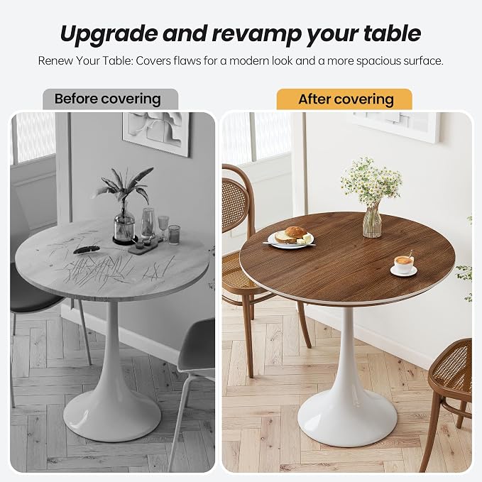 Table Top 35.4″ Round Walnut Sintered Stone - Heat Scratch Stain Resistant for Dining Office Bar Patio, Weatherproof Easy Clean