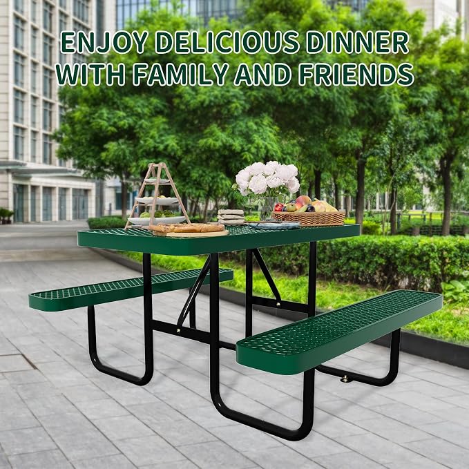 4FT Picnic Tables for Outdoors, Rectangular Commercial Metal Picnic Table Bench Set with Umbrella Hole,Heavy Duty Steel Weather-Resistant Dining Table for Patio Dining Garden Backyard BBQ School