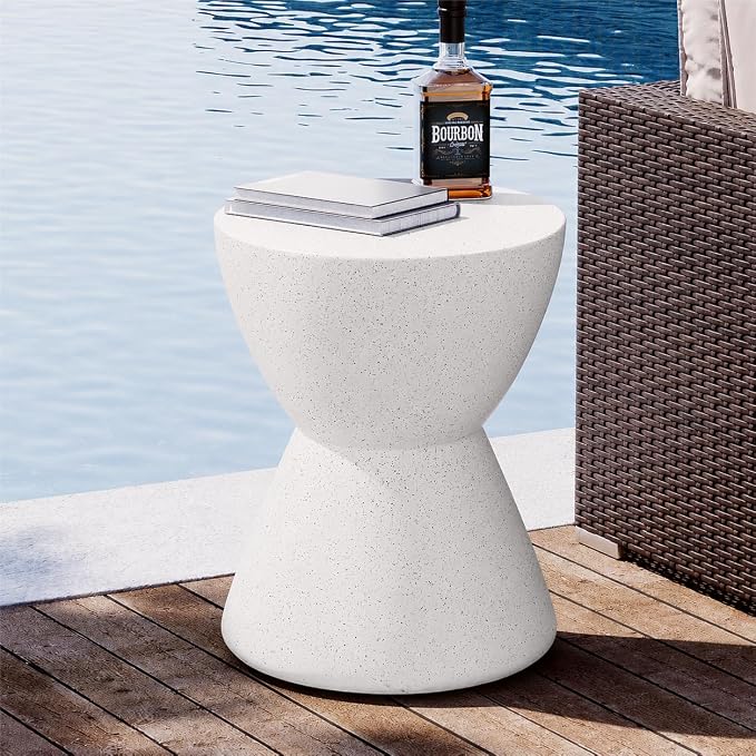 SUNBURY Outdoor Concrete Side Table, 19" H Outdoor End Tables Cement Accent Table Hourglass Shaped, Lightweight Modern Small Garden Stool, Decorative Garden Stool for Patio, Backyard, Ink Spot White