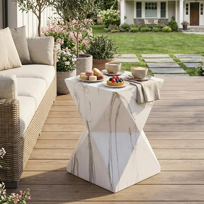 Merax 18.5" H Modern Geometric MGO Side Table, Hourglass Accent Table with Faux Marble Finish - Weather Resistant End Table for Indoor and Outdoor Use, Living Room, Bedroom & Patio, White Marble