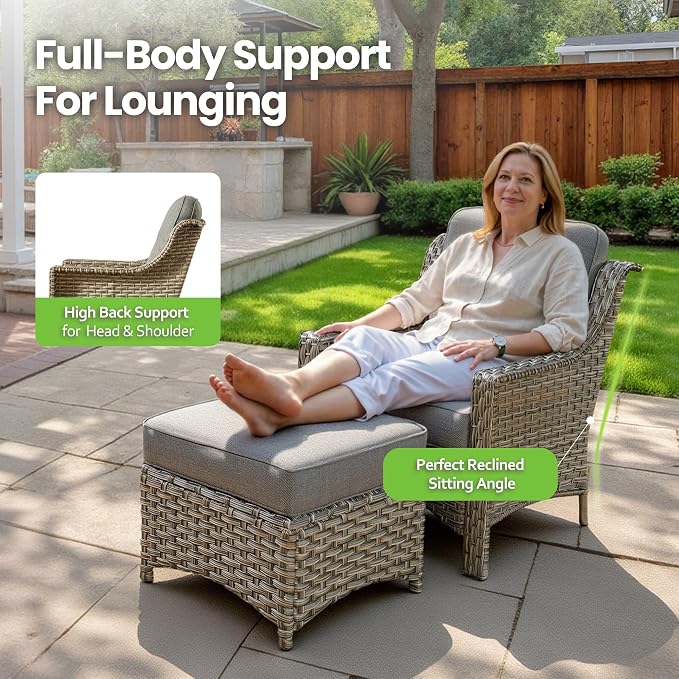 6 Piece Patio Furniture Set with Fire Pit Table, Outdoor Wicker High Back Sofa Chairs Ottoman with Comfy Cushions, Modern Conversation Sets for Backyard Deck Garden Poolside, Dark Gray