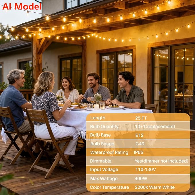 25 FT 2200K Outdoor String Lights,13 Plastic Edison Bulbs, E12 Base | G40 globe shatterproof bulbs, IP65 waterproof, dimmable LED, for backyard porch balcony party decor