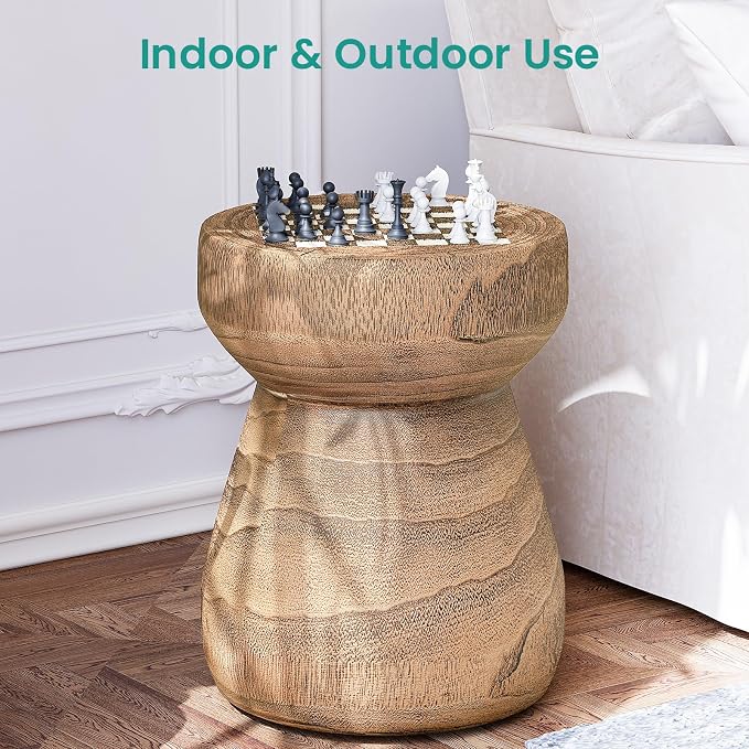 SUNBURY Outdoor Side Table, 14" W Round Outdoor End Table, Faux Wood Small Concrete Side Tables w Chessboard,Patio Side Tables, Garden Stool for Yard, Front Porch, Brown