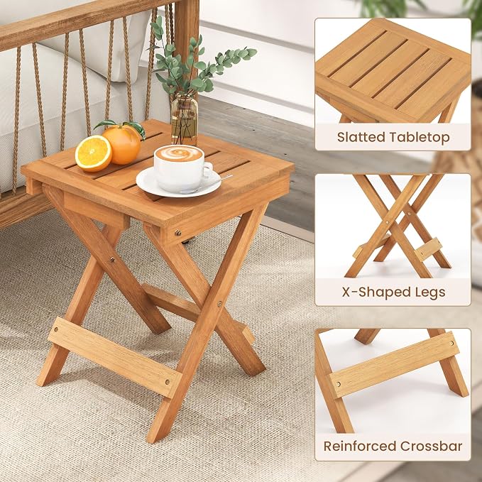 HAPPYGRILL Outdoor Folding Side Table Wood Square End Table with X-Shaped Legs, Slatted Tabletop, 14” Compact Outside Table, Portable & Lightweight Patio Coffee Table for Backyard Picnic Camping