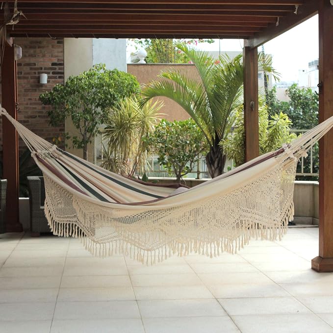 NOVICA Dark Green Brown White Stripe 2 Person Cotton Brazilian Hammock with White Crochet Fringe, 'Joyous Earth' (Double)