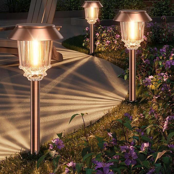XMCOSY+ Solar Pathway Lights Outdoor, 6 Pack Solar Light Outdoor Waterproof | Stainless Steel & Aluminum 10-40LM Dimmable Warm White for 12H, IP65 Solar Powered Auto On/Off Outdoor Light for Yard Garden