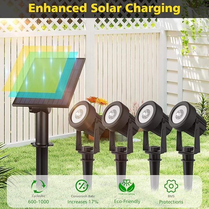 T-SUN Solar Spotlights, 4-in-1 Solar Landscape Spot Lights Outdoor Waterproof Auto ON/Off 5W Separate Solar Panel LED Lights, Solar Lights for Garden, Yard, Driveway, Pool Area(Warm White-3000K)