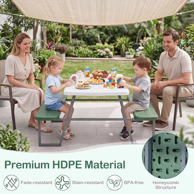 KOTEK Kids Picnic Table with Umbrella, Toddler Outdoor Table and Bench Set, Easy to Clean, HDPE Top & Metal Frame, 660LBS Capacity, Kids Patio Furniture for Backyard Park Garden (Green)