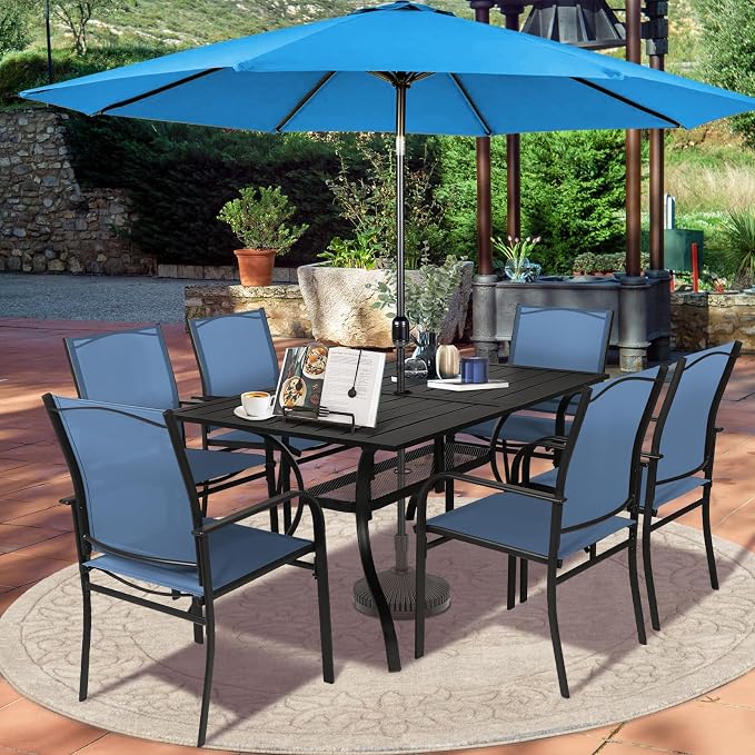 SUNCROWN 8 - Piece Outdoor Dining Set, Patio Furniture Set with 6 Textilene Dinning Chairs, 1 Rectangle Metal Table and 1 Sky Blue 9Ft Patio Umbrella for Lawn Garden Backyard Deck, Blue
