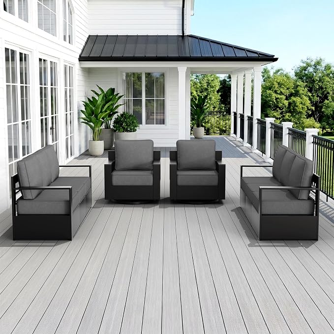 Outdoor Patio Furniture Set, 4-Piece Aluminum Patio Conversation Set All-Weather Metal Outdoor Sectional with 6 Inch Thick Cushions, Deep Setting for Garden, Outside and Porch, Grey
