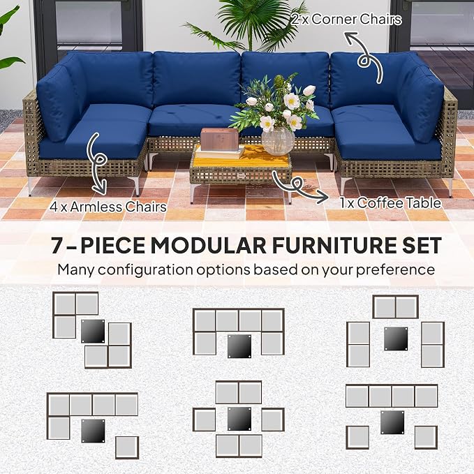 Outsunny 7 Piece Wicker Patio Furniture Set, Modular Outdoor Sectional with Thickened Cushions, Rattan Outdoor Furniture Conversation Set with Slatted Acacia Wood Table for Backyard, Brown/Dark Blue