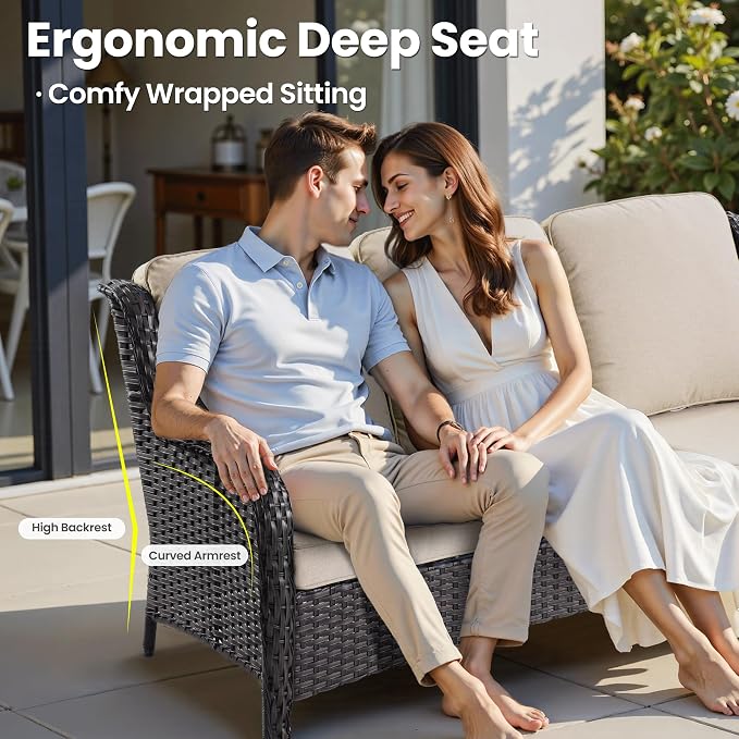 ovios 10-Piece Patio Furniture Set with Swivel Chairs Side Table, Outdoor Wicker Sofa with 54" Fire Pit Table, High Back Couch Modern Conversation Sets, Brown/Beige