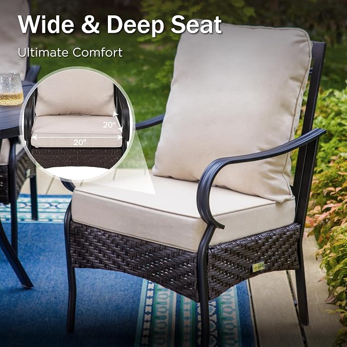 PHI VILLA 6 PCS Outdoor Dining Sets, All-Weather Square Patio Table and Chairs Set for 4 with Umbrella, Heavy Duty Patio Table Set for Deck, 4 Large Outdoor Metal Wicker Dining Chairs with Cushions