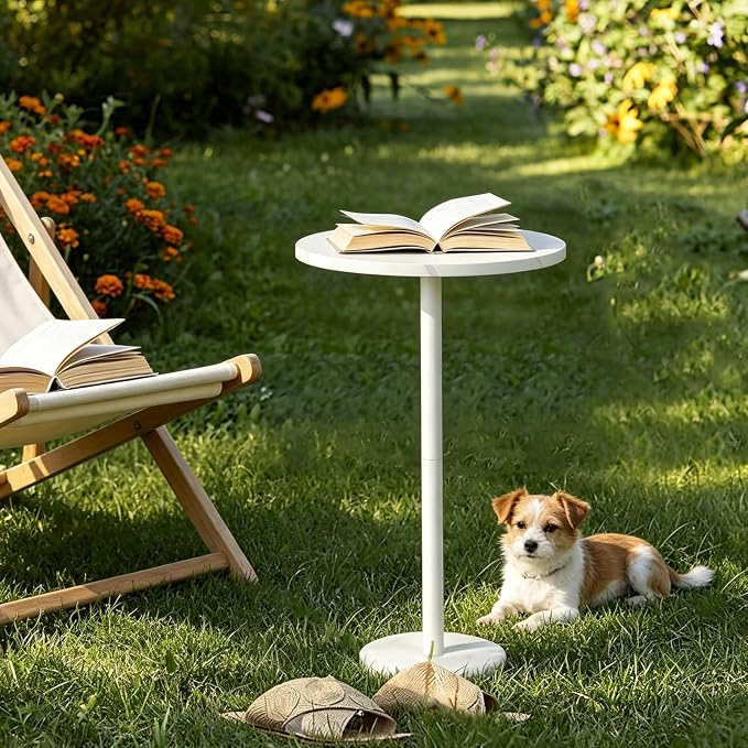 Small Drink Table Round White Side Table with Weighted Marble Base, Indoor Outdoor Pedestal Side Table for Small Spaces, Living Room, Bedroom, Sofa Couch, Office