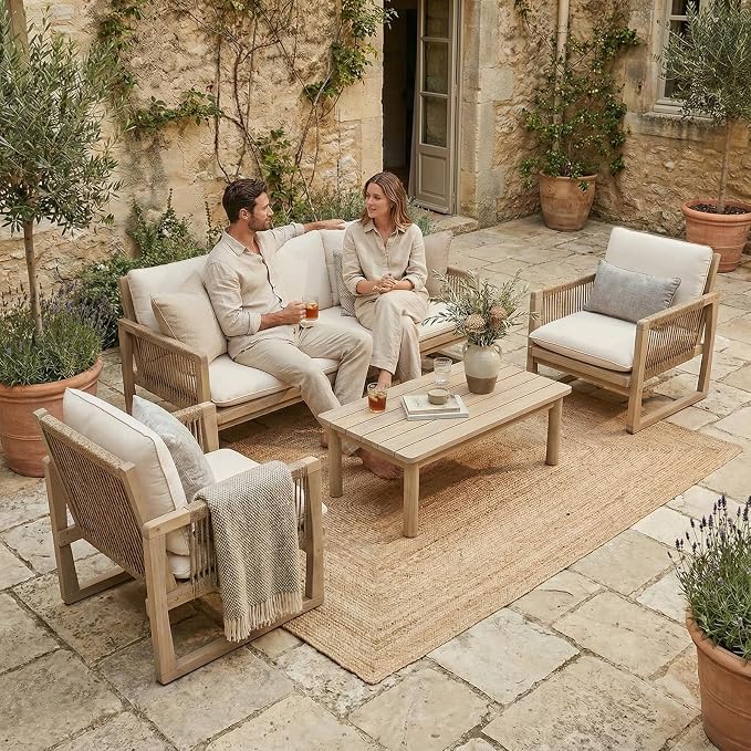 SUNSITT 4-Piece Acacia Wood Patio Furniture Set, Outdoor Conversation Sofa Set with 3-Seat Sofa, 2 Rope Woven Outdoor Club Chairs & Slatted Coffee Table, Cream White Cushions for Porch, Backyard, Deck