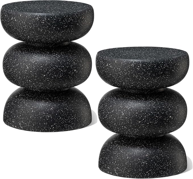 Glitzhome Outdoor Side Table Set of 2, 18" H Decorative Garden Stool MgO Faux Terrazzo End Table, Heavy Duty Indoor Outdoor Round Planter Stand for Living Room Bedroom Patio Deck Poolside,Black