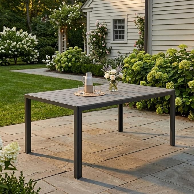 Kozyard Coolmen Outdoor Patio Indoor Dining Table Rectangle 58.9" L × 35.6" W Land Wood Like Laminate Tabletop for 6 People Porch Balcony Garden Brown
