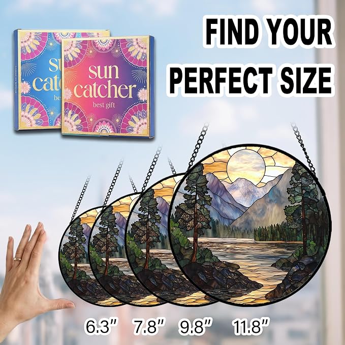 Birthday Gifts for Women - Sunset Mountain Landscape Faux Stained Glass Window Hanging Sun Catcher Mother's Day for Mom Nana Friend Grandma Wife and Door Garden Acrylic Decor 9.8"