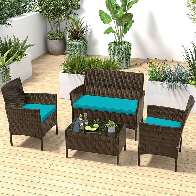 4 Piece Patio Furniture Set, Sectional Conversation Sofa Set with Glass Coffee Table, Cushions & Loveseat, Wicker Outdoor Table and Chairs for Pool, Garden, Deck, Backyard (1, Turquoise)