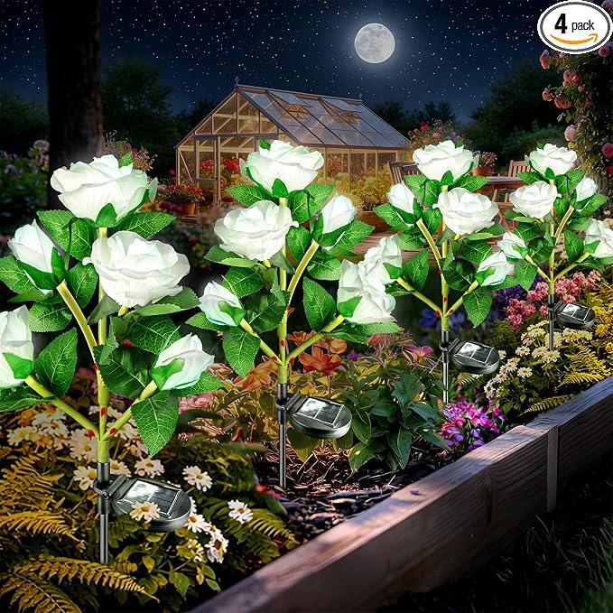 Anordsem Solar Garden Lights Outdoor: Waterproof Fabric Roses - Red LED Flower Decorations for Yard Patio Path Cemetery Grave - Birthday Gifts for Women Mom Wife - 4 Pack White