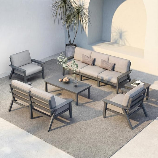 HDPE 7 Piece Patio Furniture Set, HDPE Outdoor Sectional with with Gray Thick Cushions, Coffee Table and Side Table, Patio Conversation Sets for Lawn, Garden, Porch (Gray Frame)