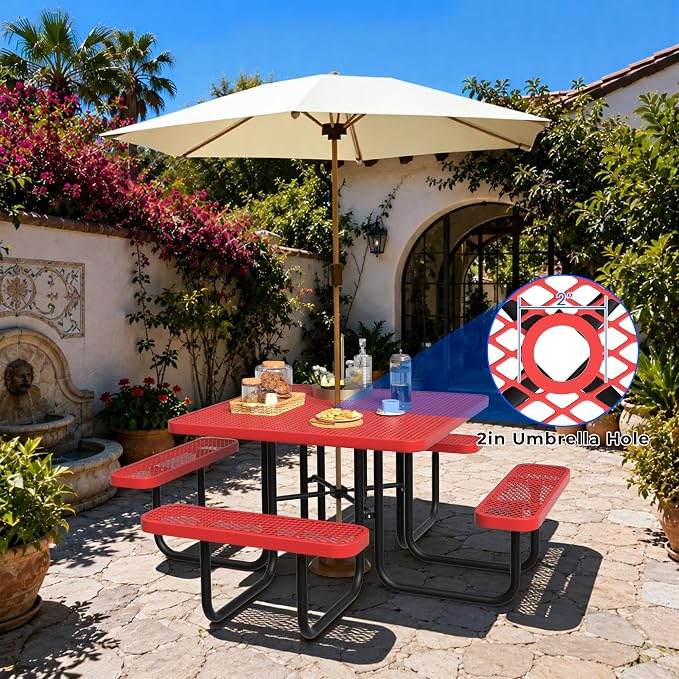 All-Weather Square Outdoor Picnic Table, Commercial Picnic Table Bench Set with Umbrella Hole, Thermoplastic Coated Metal Dining Tables for School, Stores, Park, Patio, Yard, Red