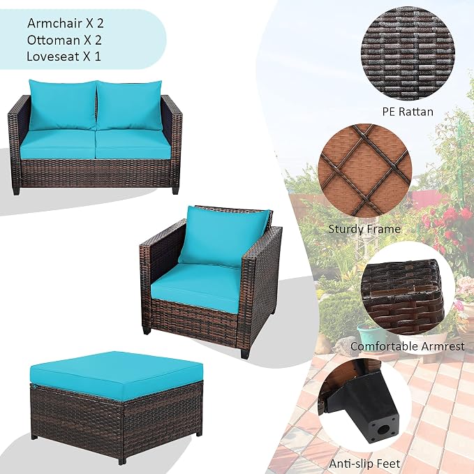 DORTALA 5-Piece Outdoor Patio Conversation Set, Loveseat and 2 Ottoman, Outdoor Sectional Rattan Sofa Set, Multifunctional Rattan Furniture Set Suitable for Backyard Garden Poolside Balcony, Turquoise