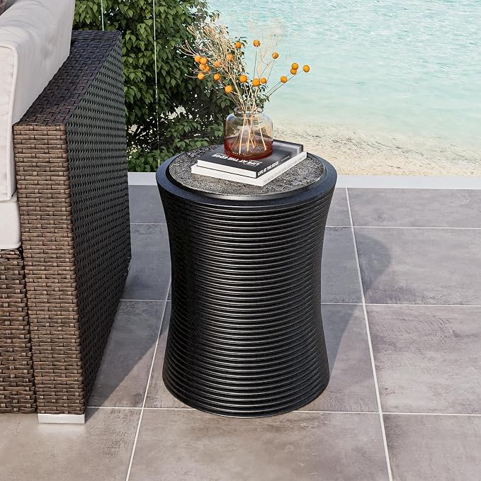 COSIEST Outdoor Side Table Black, Round MgO Concrete Side Table, Lightweight Outdoor Accent Table with Faux Natural Slate Rock, Cylinder Patio Table Top Plant Stand for Garden and Deck