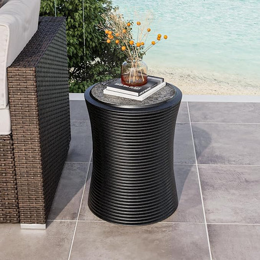 COSIEST Outdoor Side Table Black, Round MgO Concrete Side Table, Lightweight Outdoor Accent Table with Faux Natural Slate Rock, Cylinder Patio Table Top Plant Stand for Garden and Deck
