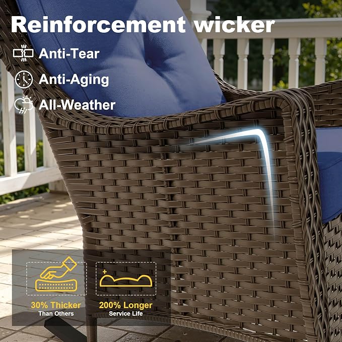3 Pieces Patio Rocking Chairs, 2 High Back PE Rattan Furniture Set and Side Table, Outdoor Wicker Furniture Set, All Weather Patio Set with Waterproof Cushion for Porch and Deck