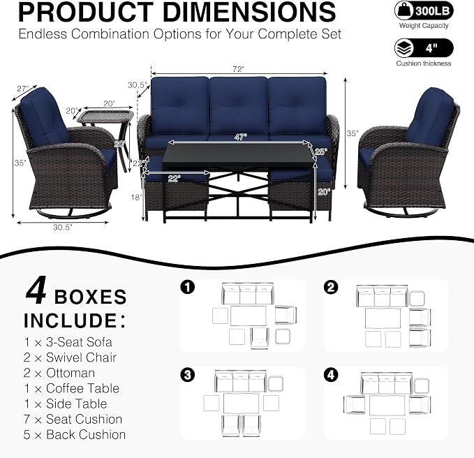 Joyside Wicker Patio Furniture Set, 7 Piece Outdoor Furniture Set with Thickened Cushions, High Back, Deep Seating, Wide Armrest, Outdoor Swivel Rocker Chairs for Porch, Deck