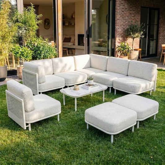 LayinSun 9 Pieces Patio Furniture Set with Coffee Table, Modern Outdoor Modular Sectional Conversation Set L-Shaped Sofa with 7-inch Cushion for Garden Backyard Deck