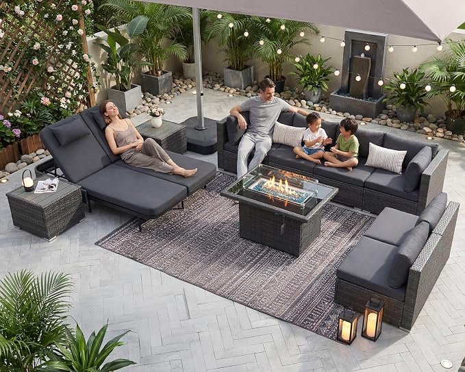 NICESOUL 11 Piece Patio Furniture Set with Fire Pit Natural Gas/Propane, 29.3'' High Back Outdoor Sectional with Lounger & Fire Pit, Large Deep Rattan Sofa Set for Garden Backyard, Gray