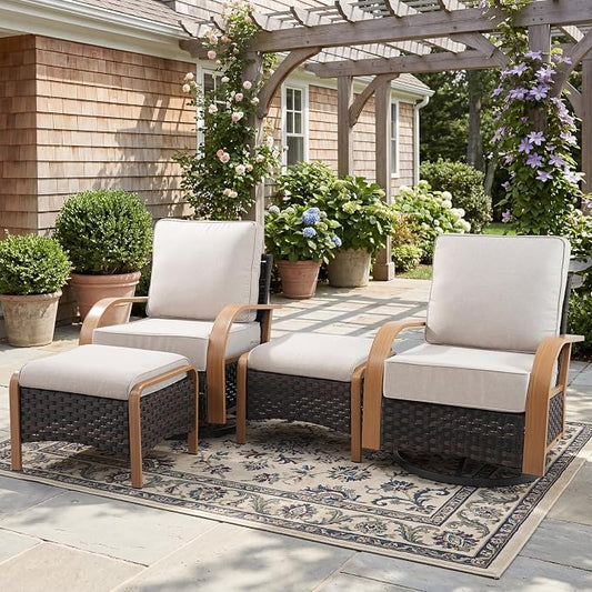 Belord 4 Piece Patio Furniture Set with 6-Inch Thick Cushions, Outdoor Swivel Chairs Set with Ottomans,Wicker Rocker Patio Chairs, All-Weather Wicker Conversation Set for Garden Porch, Wood & Beige