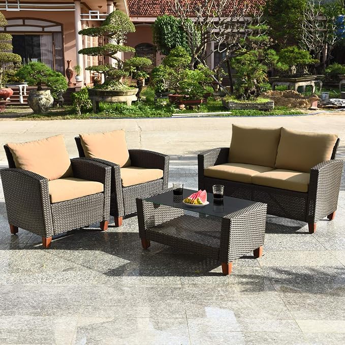 Tangkula 4 Piece Patio Rattan Furniture Set, Outdoor Wicker Conversation Set with Seat & Back Cushion,and Tempered Glass Coffee Table with Shelf, for Porch, Poolside, Backyard, Garden