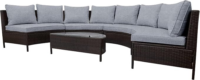 Merax 5-Piece Outdoor Sectional Sofa Set, All-Weather PE Wicker Patio Furniture with Tempered Glass Table, Half-Moon Conversation Set for Garden, Deck, Backyard Living Area,Grey