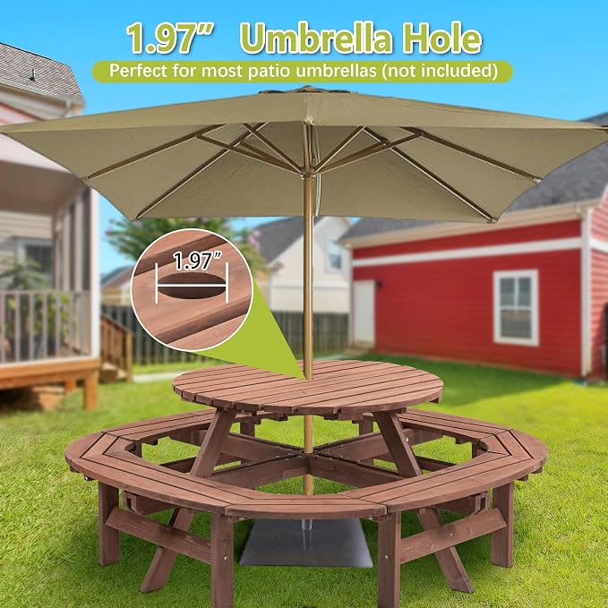 Thanaddo 12-Person Outdoor Circular Wooden Picnic Table, Camping Dining Table with Built-in Benches, Outside Table Set with Umbrella Hole for Garden Patio Backyard,Brown