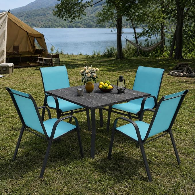 5 Piece Patio Dining Set, Stackable Outdoor Chairs Set of 4 with Textilene Fabric, 37.8" Wood-Grain Square Table with Umbrella Hole for Backyard Lawn Party (1 Table + 4 Chairs) (Sky Blue)